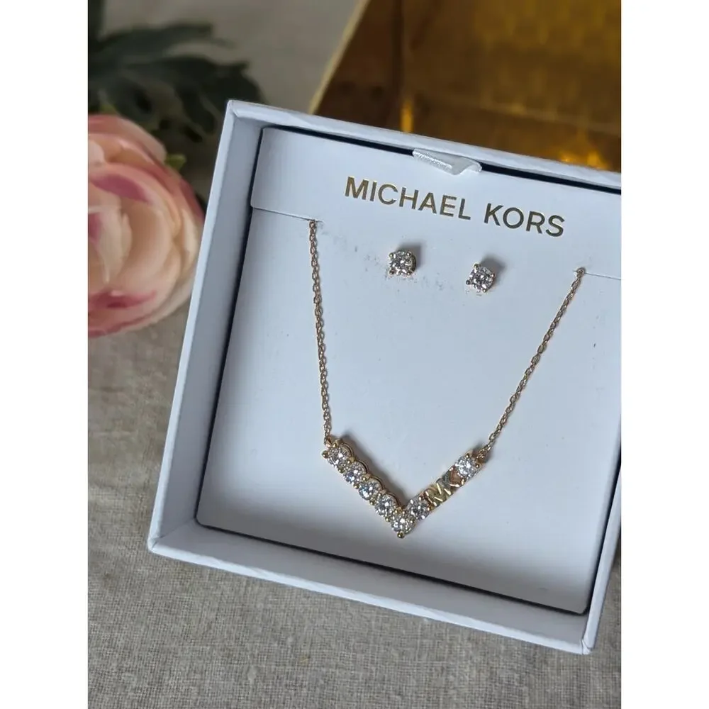 Michael Kors Rose Gold Necklace & Earrings Set  Crystal MK Pendant Jewelry